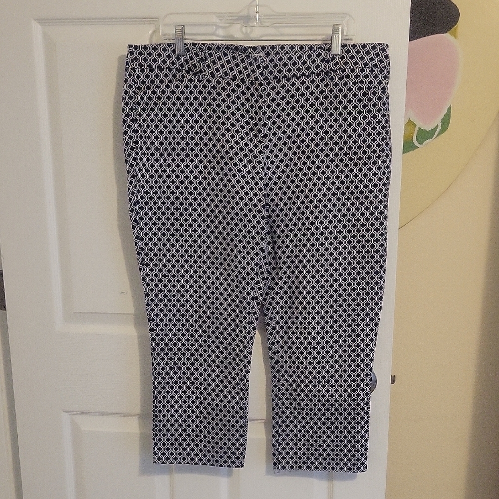Adrienne Vittadini wide waist no stretch Navy & White Geometric Ankle Pants Sz14